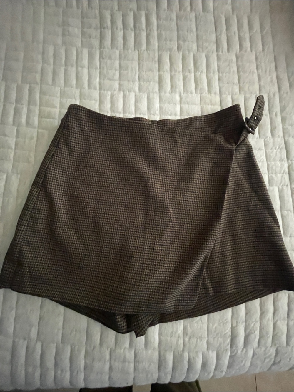 H&M Brown Plaid Wrap Skort with Buckle Detail